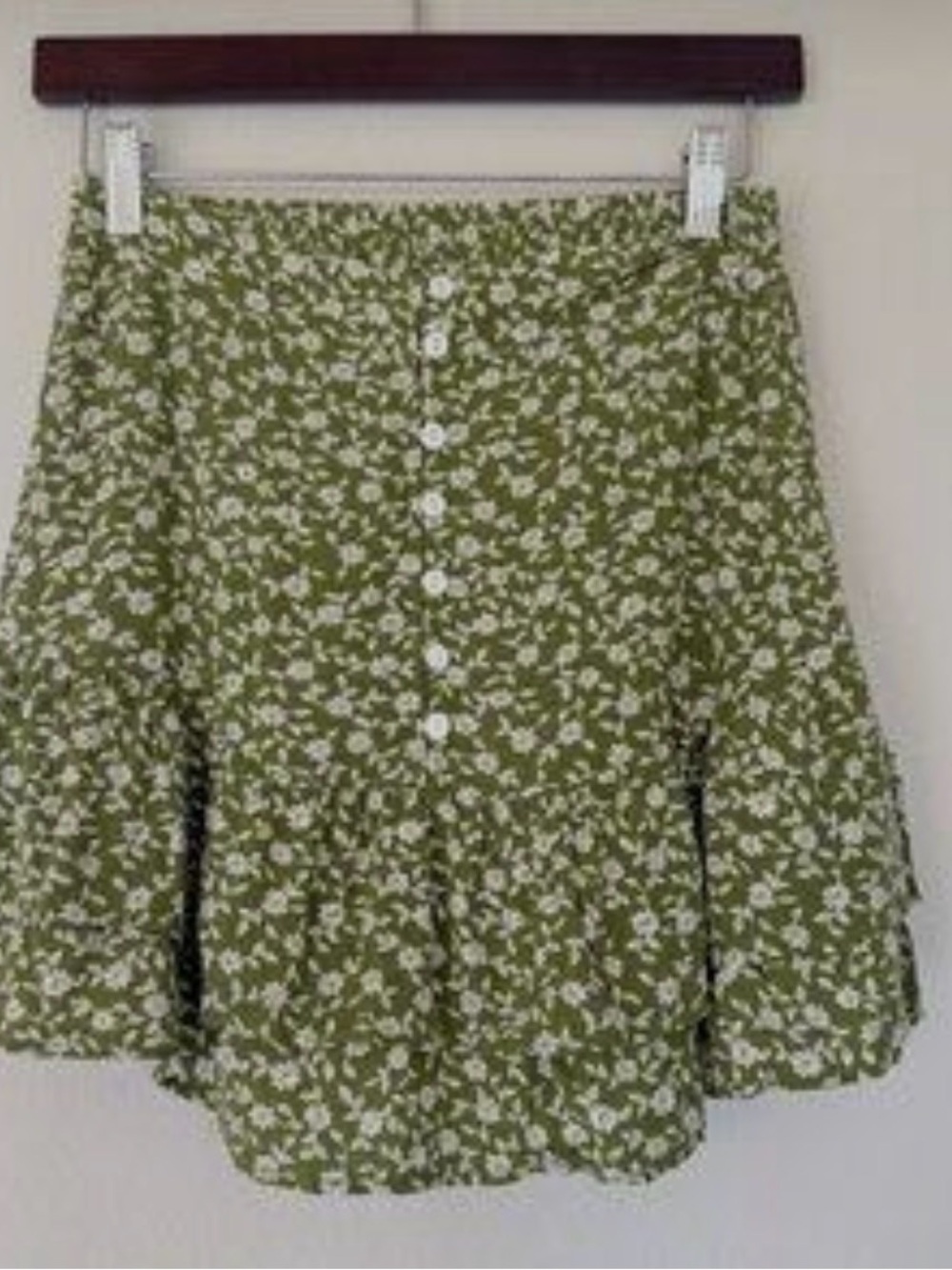 Kivari Olive Green Floral Button-Front Skater Skirt